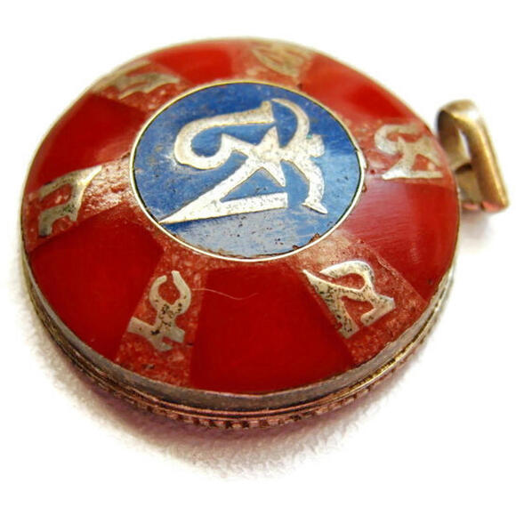 Oriental Red Blue Enamel Circle Pendant Charm Sterling Silver 925 Vintage - Picture 5 of 8